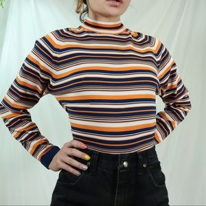 Blue orange & white stripped mock neck long sleeve